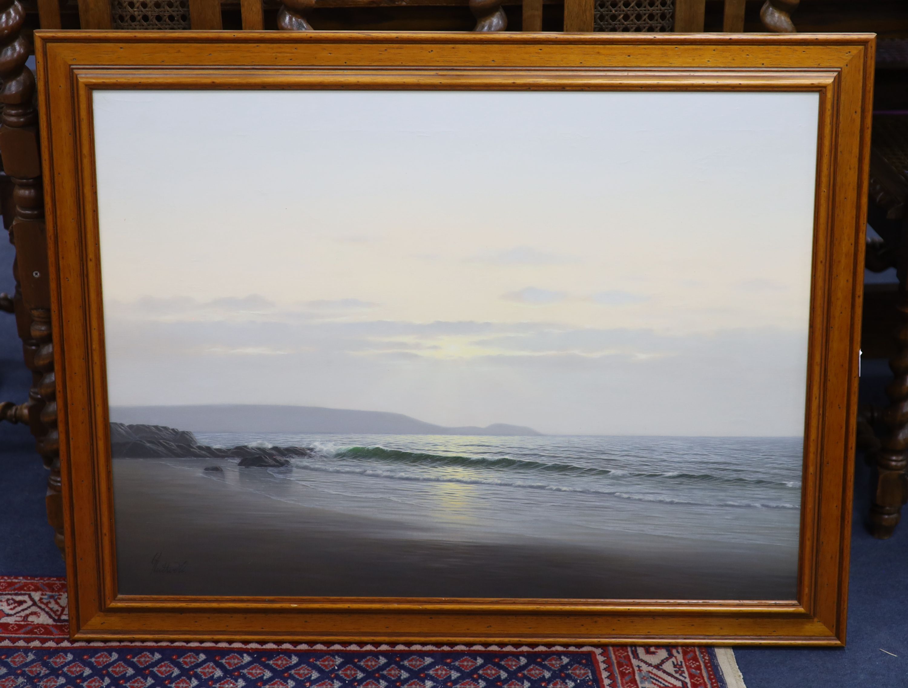 Guy Gladwell (1946-2014), oil on canvas, 'The Setting Sun', signed, Stacey Marks label verso, 60 x 18cm